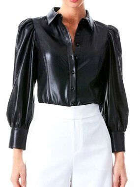 Alice Olivia Nadine Puff-Sleeve Vegan Faux Leather Blouse Top Black XS Like New